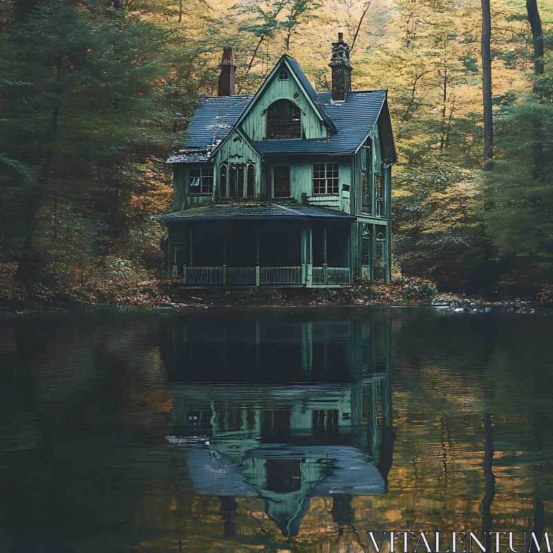 Haunted House Reflecting in a Forest Lake AI Image