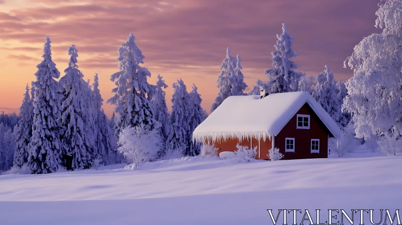 Serene Snowy Evening by the Cabin AI Image