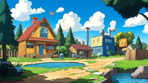 Charming Cartoon Village Scene