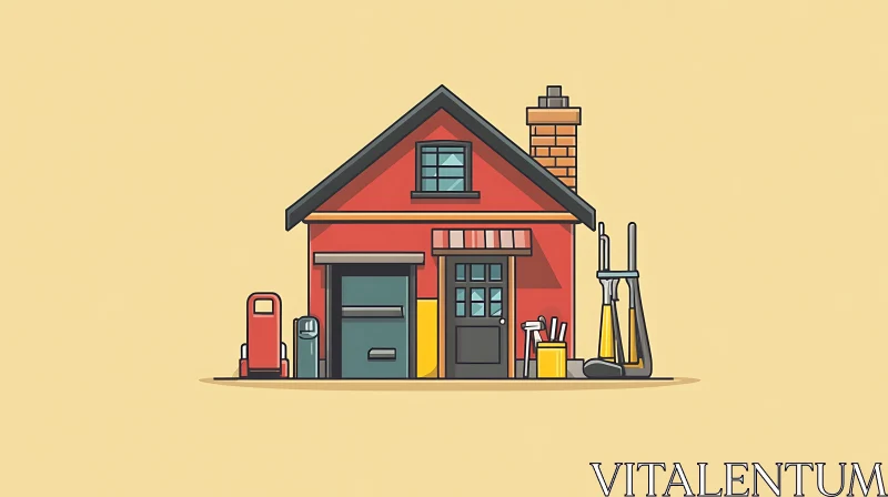 Colorful Cartoon House with Garage and Tools AI Image