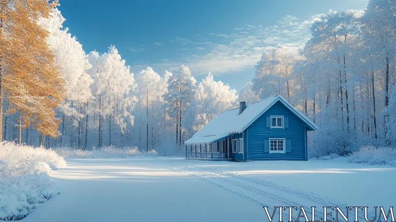 Tranquil Snow-Covered Cabin Scene AI Image