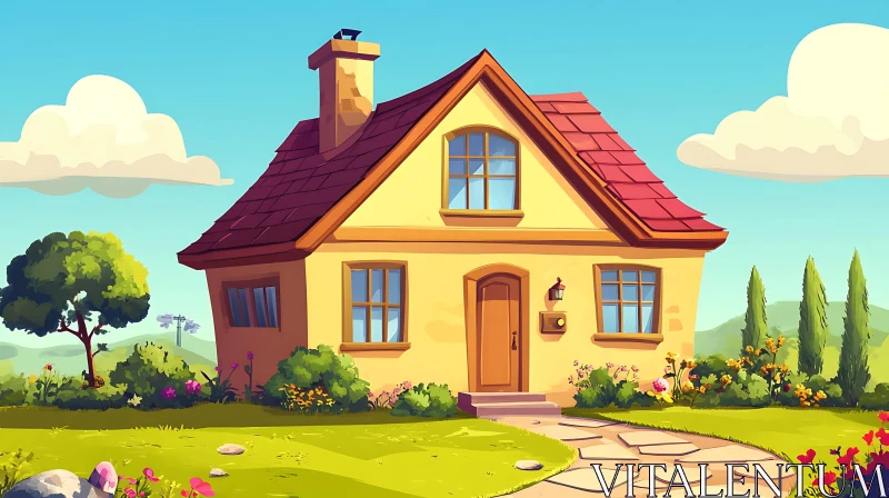 Sunny Countryside Home with Stone Pathway AI Image