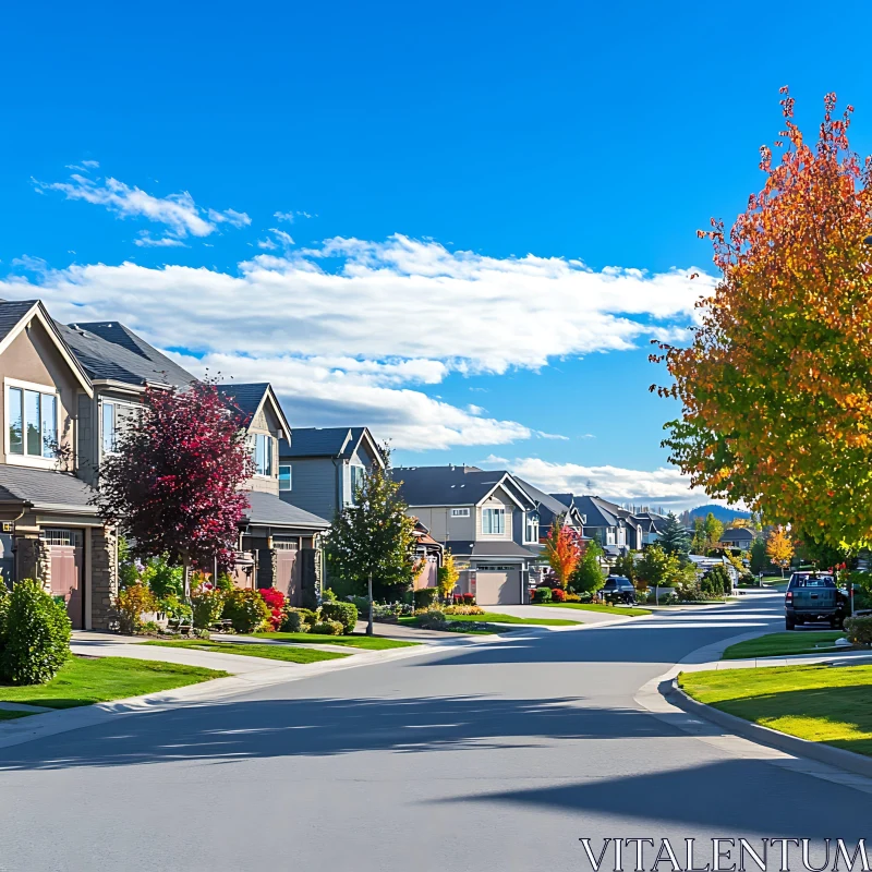 Serene Suburban Street with Autumn Colors AI Image