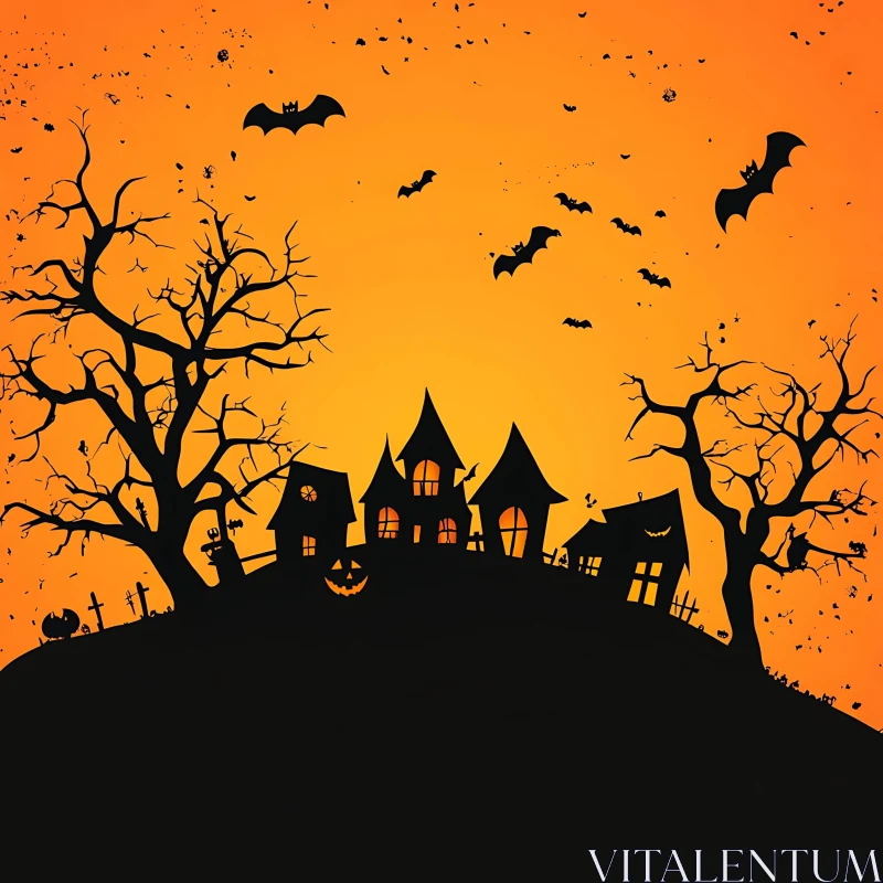 AI ART Eerie Halloween Night with Haunted Hill and Bats