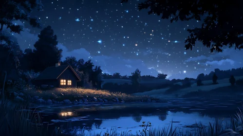 Peaceful Night Scene with Cabin and Reflective Lake