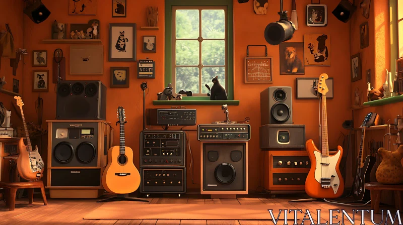 Cozy Music Studio Setup with Guitars and Speakers AI Image