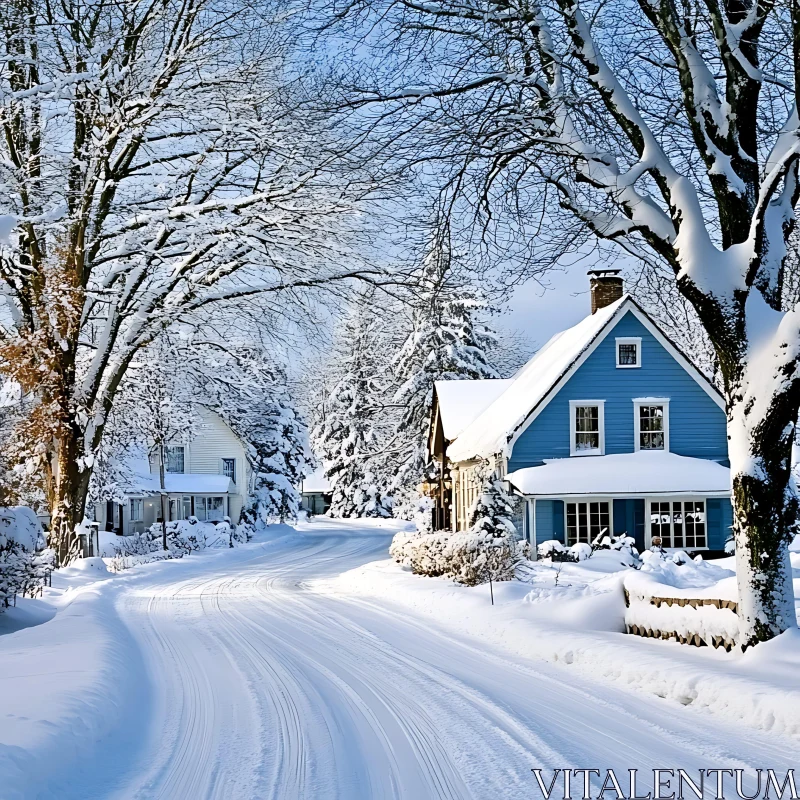 AI ART Idyllic Snowy Village with Blue Cabin