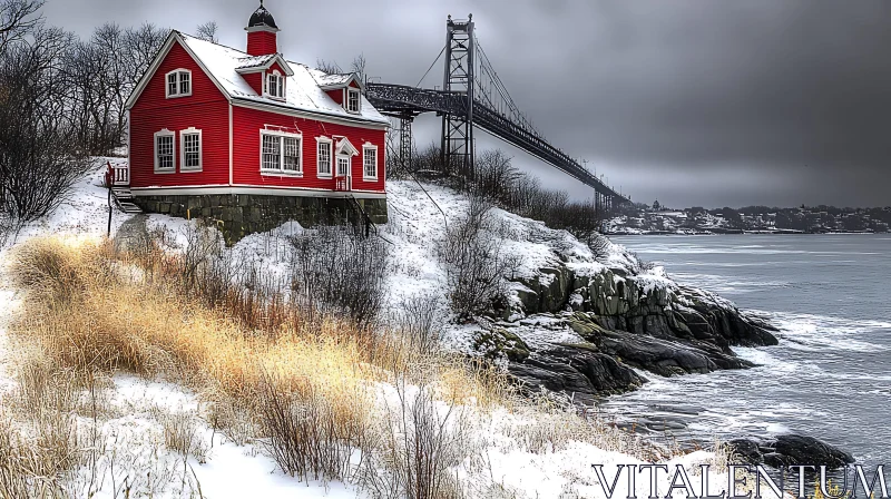 Red House in Winter Landscape with Bridge AI Image