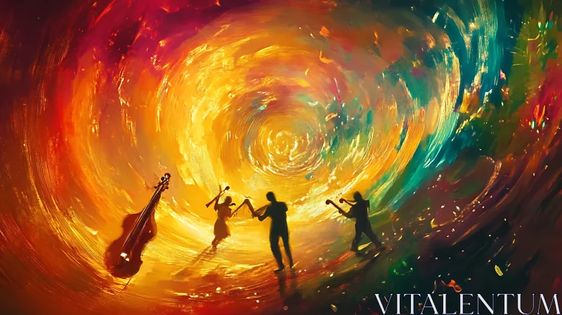 Colorful Vortex with Silhouetted Musicians AI Image