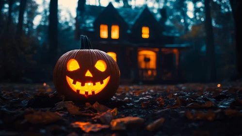 Mysterious Pumpkin Lantern by a Gloomy House