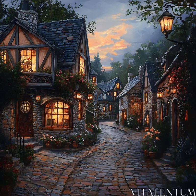 AI ART Evening Glow in a Cobblestone Village