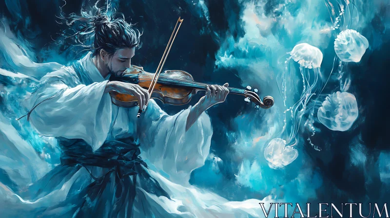 Enigmatic Violinist Amidst Marine Dream AI Image