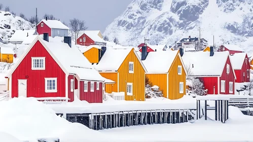 Snow-Covered Village with Vibrant Red and Yellow Houses