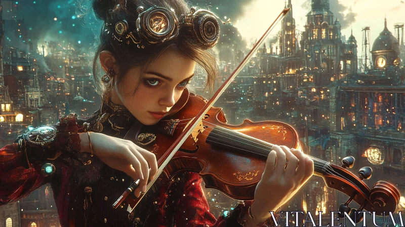 Steampunk Musician in Mystical City AI Image