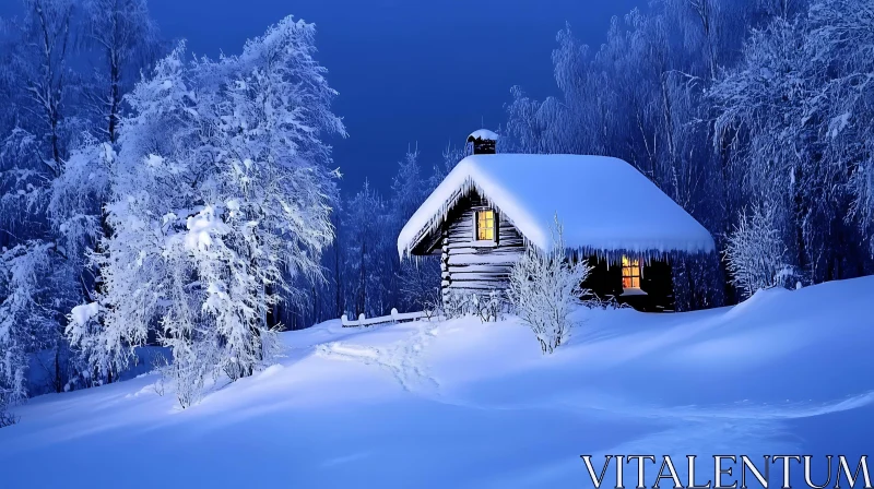 Tranquil Snowy Forest Cabin at Night AI Image