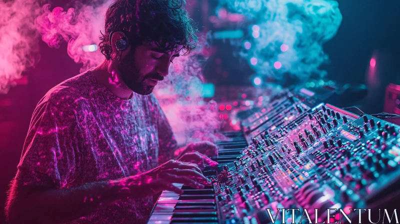 Synthesizer Player in Neon-lit Ambiance AI Image