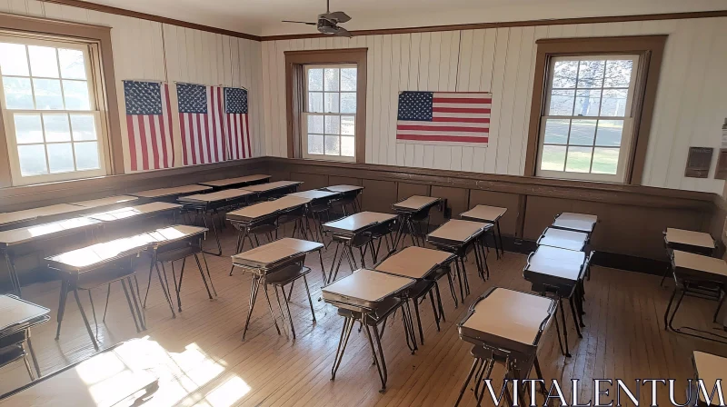 AI ART Sunlit Classroom Interior with Desks and Flags