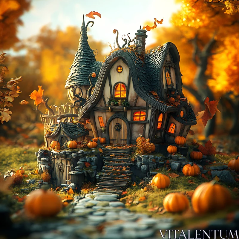 Cozy Pumpkin-Laden Cottage in Autumn Forest AI Image