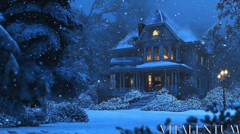 Charming Snow-Covered Victorian House at Night AI Image