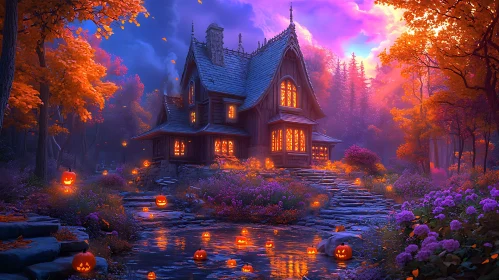 Magical Autumn Forest with Glowing Cottage and Pumpkins