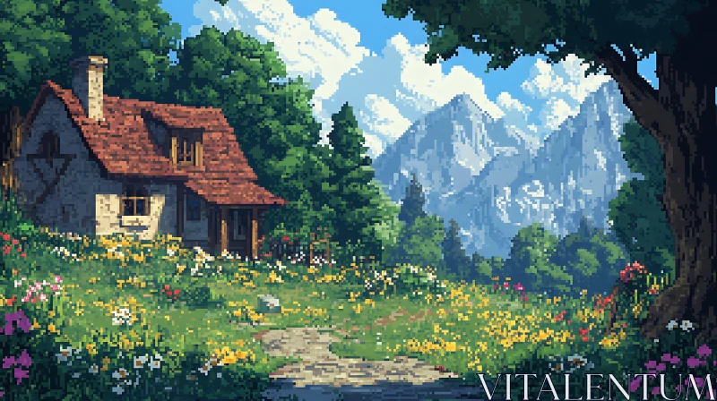 Idyllic Stone Cottage Amidst Wildflowers and Mountains AI Image