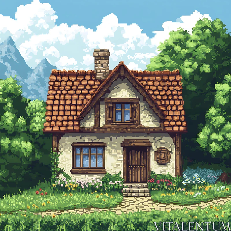 AI ART Cozy Cottage with Blooming Garden in Pixel Art