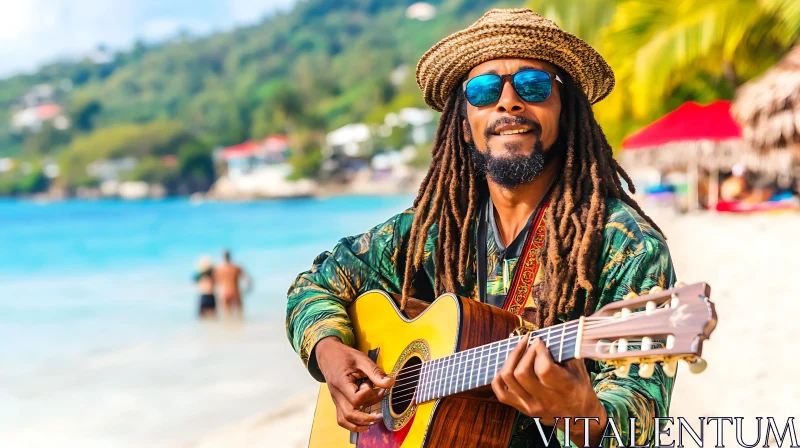 AI ART Musician with Dreadlocks Playing Guitar on Beach