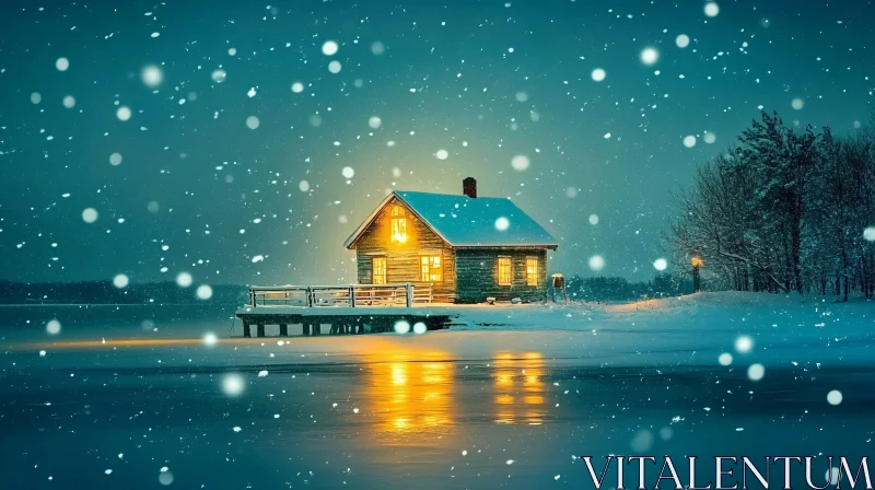 AI ART Illuminated Cabin in Snowy Night