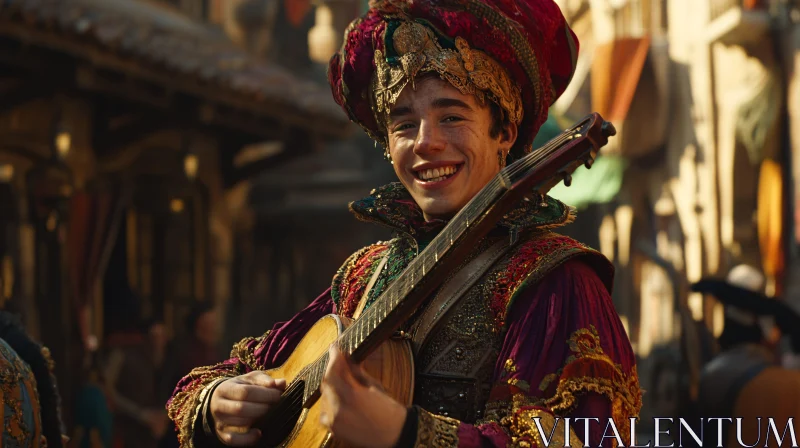 Medieval Street Musician in Colorful Attire AI Image