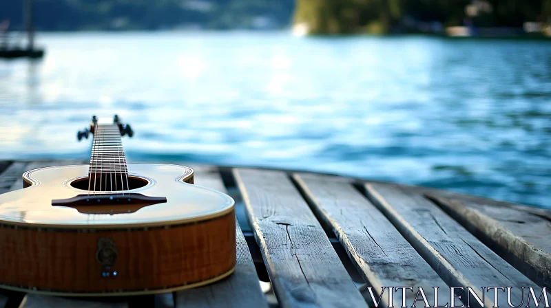 Classical Guitar by Tranquil Lake on Wooden Dock AI Image