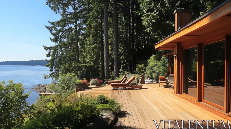 Peaceful Lakefront Deck with Forest Backdrop AI Image