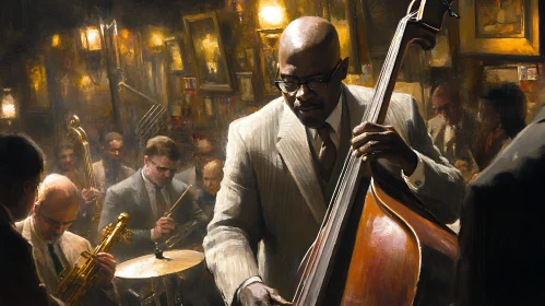 Jazz Musician Playing Double Bass in a Cozy Band Setting