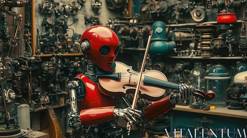 Futuristic Red Robot Playing Violin AI Image