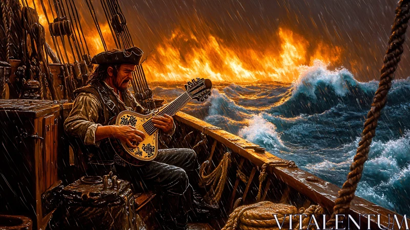 AI ART Pirate on a Ship During a Storm and Ocean Fire