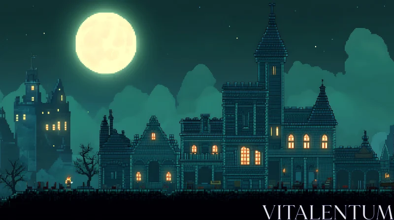 Gothic Castle Under Full Moon in Pixel Art AI Image