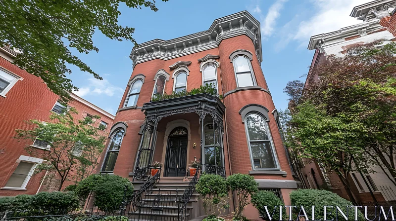 Historic Victorian Brick Home with Ornate Ironwork AI Image