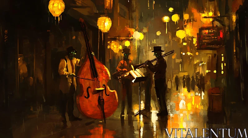 Urban Nocturne: Musicians In Lantern Light AI Image