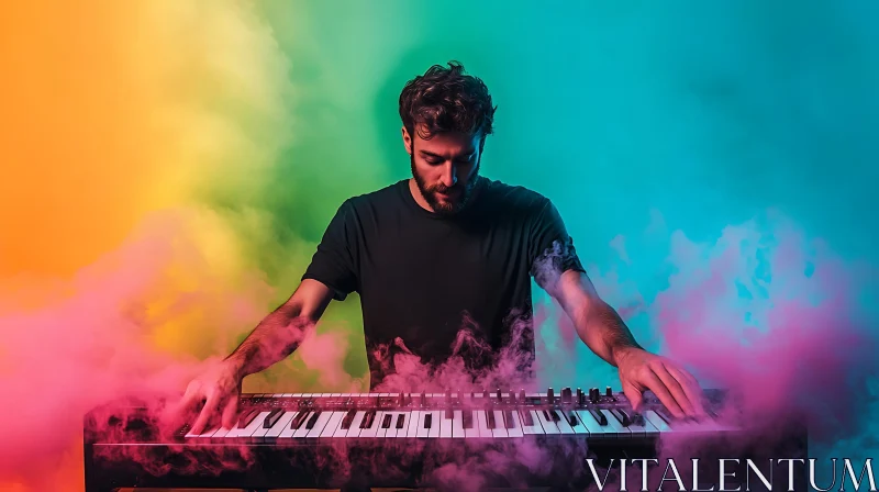 AI ART Musician Engulfed in Vibrant Hues While Playing Keyboard