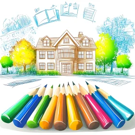 Artistic House Drawing with Pencil Colors