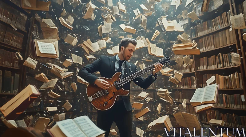 Guitarist Amidst Floating Books in a Library AI Image