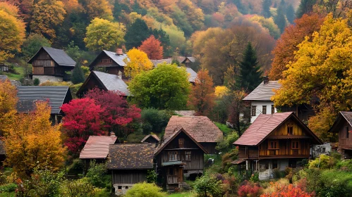 Rustic Village in Vibrant Autumn Forest