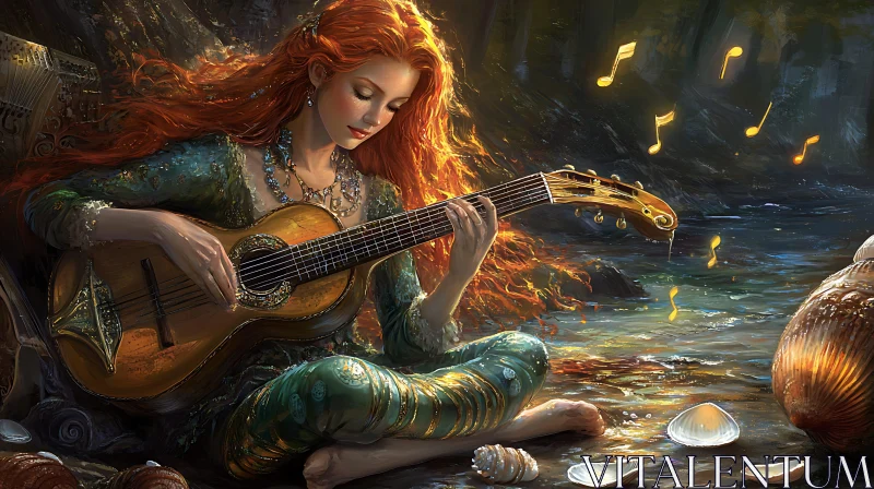 Mystical Mermaid Strumming Guitar Amidst Forest Enchantment AI Image