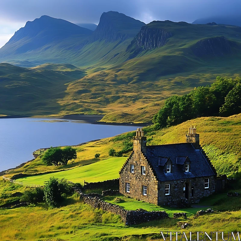 Tranquil Countryside with Stone House and Scenic Mountains AI Image