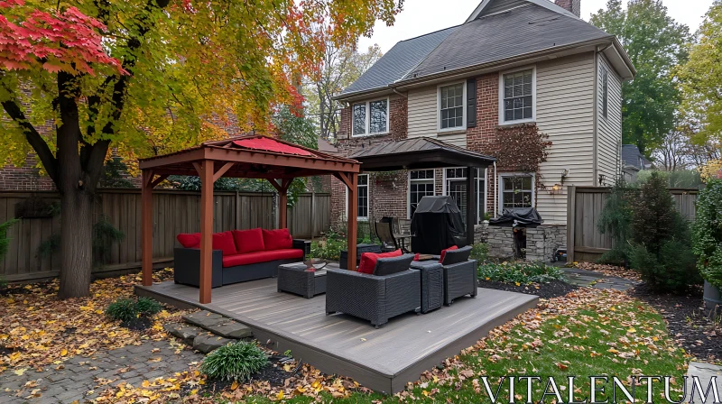 AI ART Charming Patio with Red Cushions and Autumn Leaves