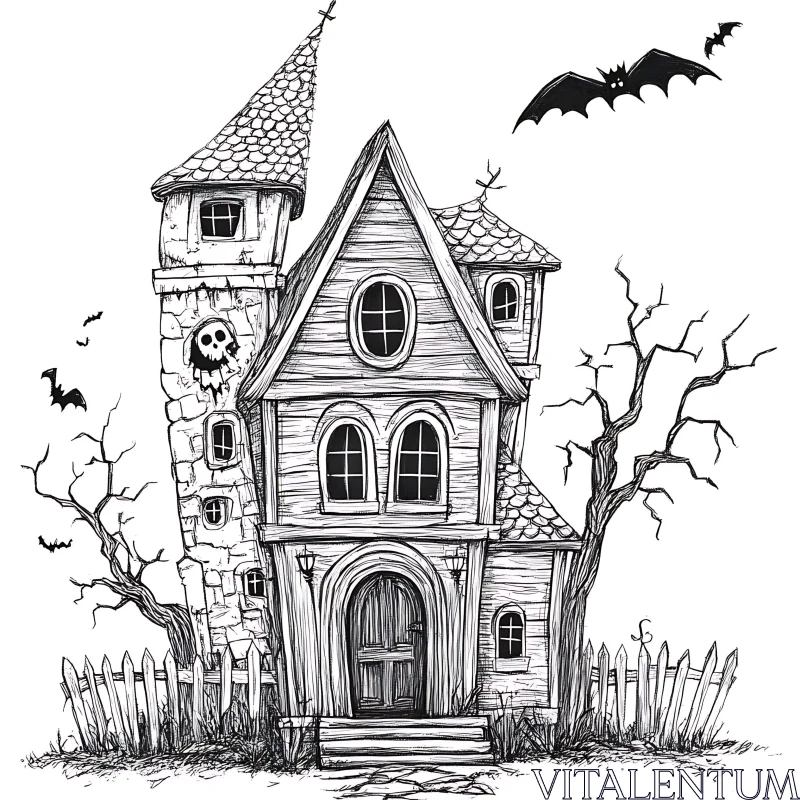 Eerie Haunted House with Bats in Black and White AI Image