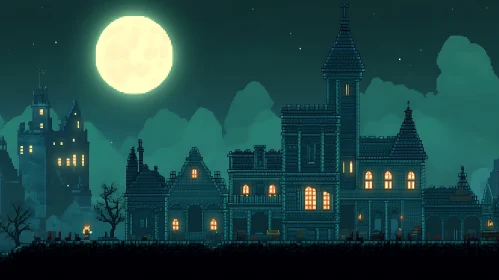 Gothic Castle Under Full Moon in Pixel Art