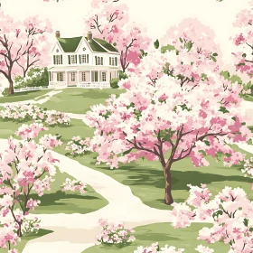 Serene Spring Landscape with Blossoming Trees and House