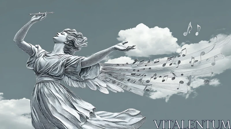 Angel Playing Music with Notes and Wings in a Cloudy Sky AI Image