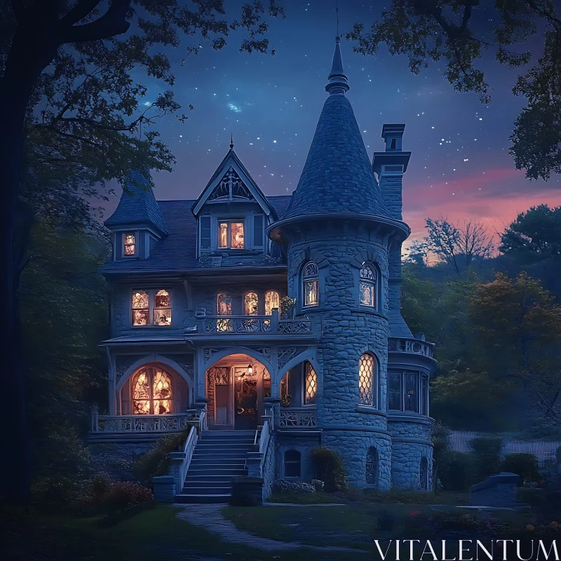 AI ART Charming Stone Mansion Glowing in Twilight