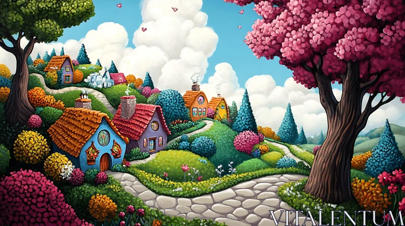 Whimsical Village in Lush, Colorful Landscape AI Image